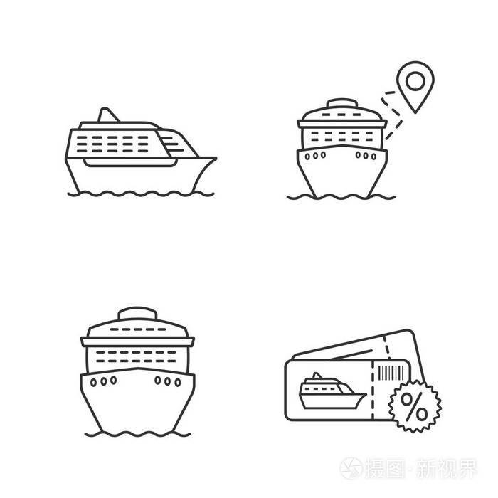 插画 巡航线性图标设置.夏季航行.旅行社.