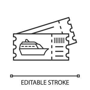 邮轮船票线性图标.海岸远足,旅游门票.细线插图.远洋班轮,船上登机牌.