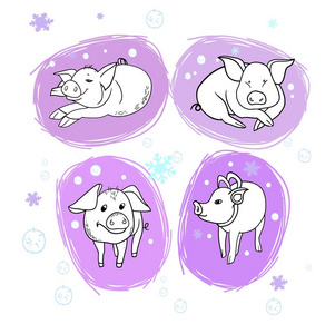 s cheerful pigSet of drawings in vector, new year design, congra