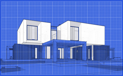 现代舒适住宅花园三维渲染草图与车库出售或租赁。图形黑线草图与白点在蓝图背景。