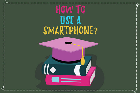 显示如何使用智能语音的概念手写。商业照片文本说明使用手机手机彩色毕业帽与 tassel 3d 学术帽子的书籍