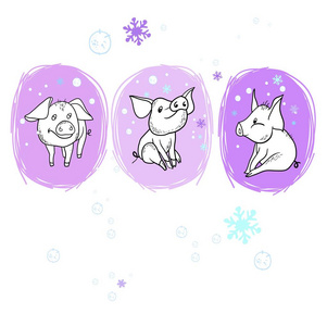 s cheerful pigSet of drawings in vector, new year design, congra