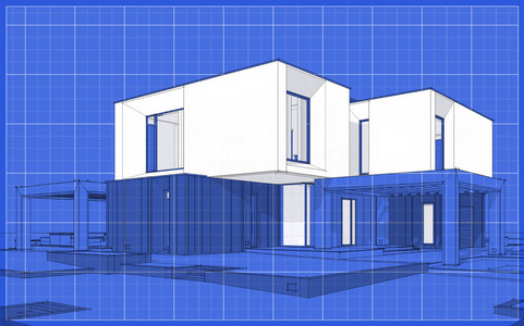 现代舒适住宅花园三维渲染草图与车库出售或租赁。图形黑线草图与白点在蓝图背景。