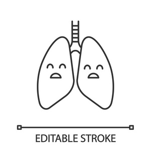 悲伤的人肺线性图标。 呼吸道疾病问题。 细线插图。 不健康的肺系统。 轮廓符号。 矢量孤立轮廓绘制。 可编辑行程