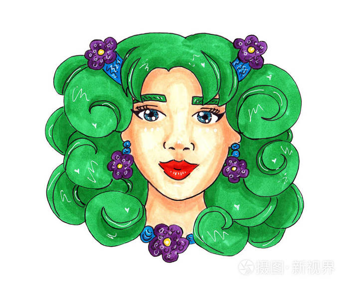有绿色头发和紫色花朵的春天女孩明信片或印刷品插图