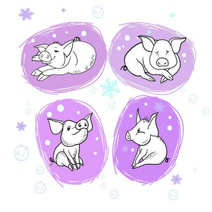 s cheerful pigSet of drawings in vector, new year design, congra