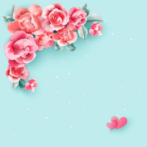 婚纱花架在上面的彩色蓝色背景上。 漂亮的粉红色玫瑰模板。 平躺着。 矢量图。