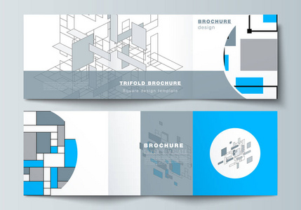 正方形格式的最小矢量可编辑布局包括三重小册子传单杂志的设计模板。抽象多边形背景, 五颜六色的马赛克图案, 复古的布豪斯德斯蒂