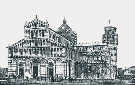 意大利比萨托斯卡纳比萨大教堂和斜塔建筑组合的矢量图像