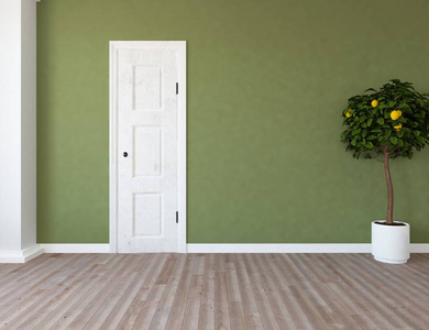 空虚的斯堪的纳维亚房间内部与植物和门在木制地板上。 家北欧内部。 三维插图