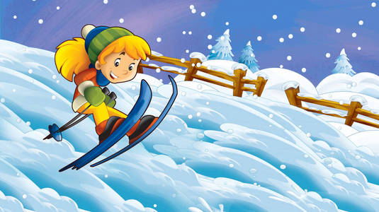 卡通冬季自然场景与快乐儿童女孩滑雪插图儿童