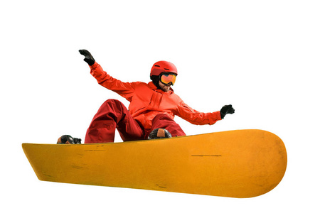 年轻人在运动服与滑雪板孤立在白色背景上的肖像