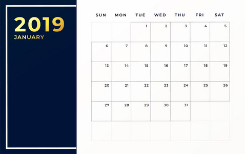 2019年1月时间表模板。 星期开始星期日空日历月
