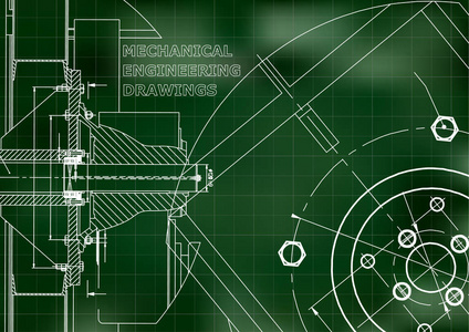 技术说明。 机械工程。 绿色背景。 网格