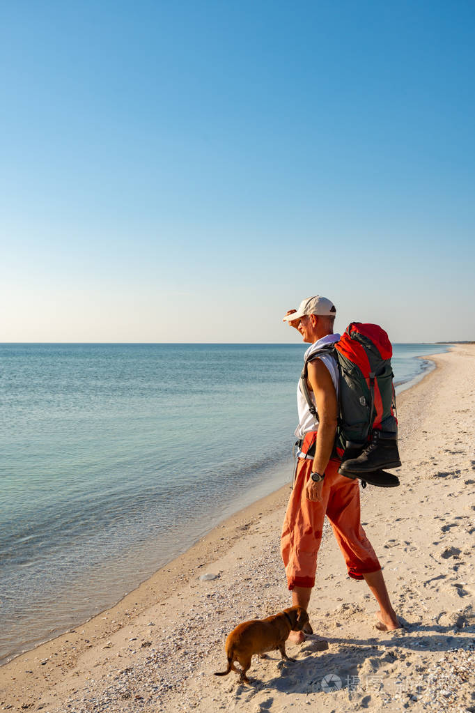 在一个阳光明媚的日子里,带着有趣的狗的旅行者站在绿松石海旁边的荒