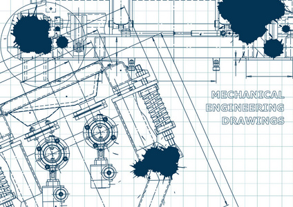 蓝色墨水。 。 蓝图方案计划草图。 技术插图背景。 机械工程制图。 机器建筑行业。 仪表制图