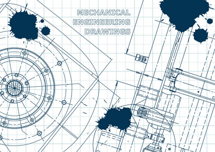 蓝图。 封面传单横幅背景。 仪器制作图纸。 机械工程制图技术插图背景方案蓝墨水布