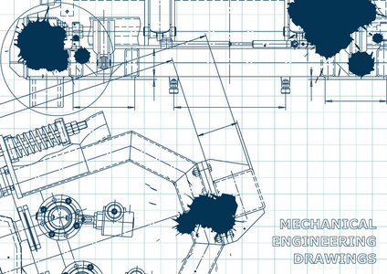 计算机辅助设计系统。 蓝图方案计划草图。 技术插图背景机械蓝墨水布