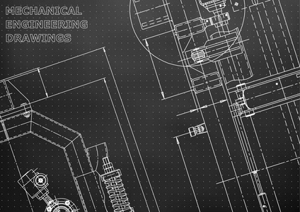 蓝图草图。 矢量工程插图。 封面传单横幅背景。 仪器制作图纸。 机械工程制图。 技术插图背景。 计划计划。 黑色背景。 点