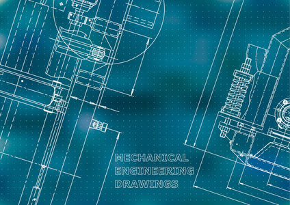 蓝图草图。 矢量工程插图。 封面传单横幅背景。 仪器制作图纸。 机械工程制图。 技术说明。 蓝色背景。 要点