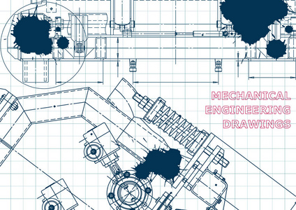 计算机辅助设计系统。 技术插图背景。 机械工程制图。 机器建筑行业。 蓝色墨水。 苏格兰