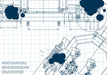 计算机辅助设计系统。 技术插图背景。 机械工程制图。 机器建筑行业。 仪器制作图纸。 蓝色墨水。 苏格兰