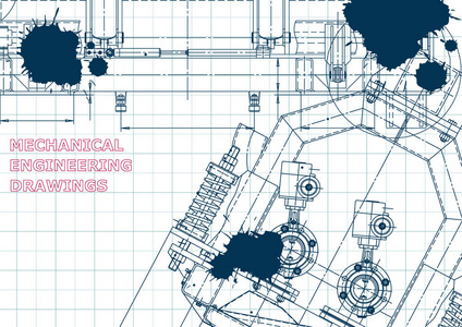 计算机辅助设计系统。 技术插图背景。 机械工程制图。 机器建筑行业。 仪器制作图纸。 蓝图图。 蓝色墨水。 苏格兰