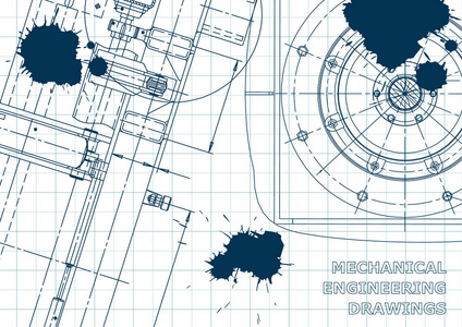 蓝图草图。 矢量工程插图。 封面传单横幅背景。 仪器制作图纸。 机械制图。 蓝色墨水。 苏格兰