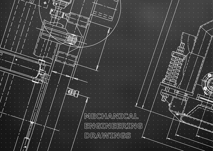 蓝图草图。 矢量工程插图。 封面传单横幅背景。 仪器制作图纸。 机械工程制图。 技术说明。 黑色背景。 要点