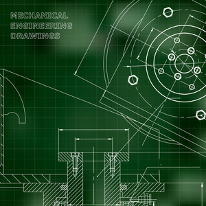 机械。 技术设计。 工程风格。 机械仪器制造。 封面传单。 绿色背景。 网格