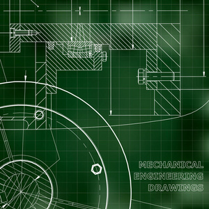 工程学科的背景。 技术说明。 机械工程。 技术设计。 绿色背景。 网格
