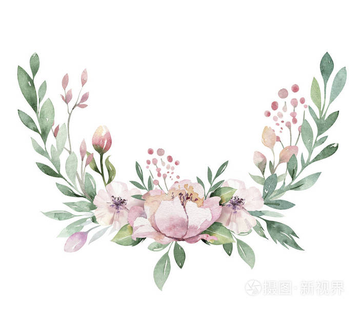 手绘水彩花环插图 由绿色树枝和花叶组成的孤立的植物花环 春夏的心情 结婚花花设计元素照片 正版商用图片1648r0 摄图新视界