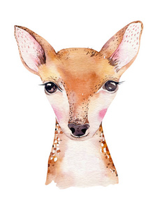 水彩森林卡通孤立可爱的小鹿动物与花。 苗圃林地插图。 波西米亚博霍画苗圃海报图案