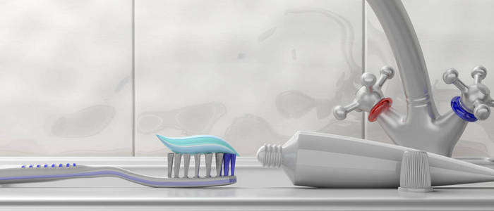 牙科保健卫生。 牙刷上的牙膏和白色背景横幅3D插图上的空白牙膏管