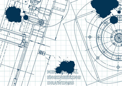 蓝色墨水。。封面传单横幅背景。仪器制作图纸。机械工程制图。技术插图背景。计划大纲计划