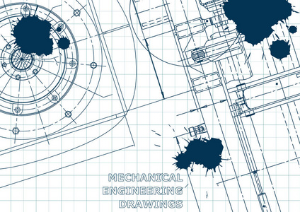 蓝图。 矢量工程插图。 封面传单横幅背景。 仪器制作图纸。 机械工程制图技术蓝墨水