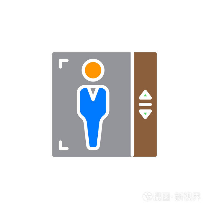 电梯图标矢量填充平面标志，实心彩色象形文字隔离在白色上。 升降符号标志标志插图