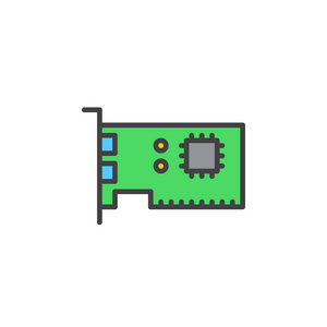 扩展卡线图标，填充轮廓矢量符号，线性彩色象形孤立在白色上。电脑零件符号，标志插图