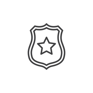 警长徽章与星线图标,轮廓矢量标志,线性象形隔离在白色上.