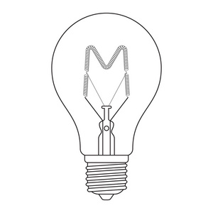 字母M，在字母表中白炽灯泡的轮廓风格黑白隔离在白色背景上