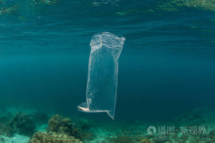 一个废弃的塑料袋在印度尼西亚的海上漂流.