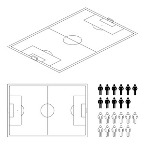 足球场或足球场3D透视图与球员黑白颜色隔离在白色背景上。