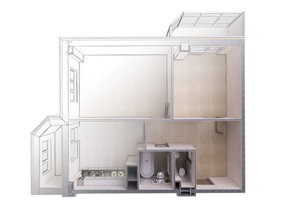 现代两居室公寓的草图与现实的3D渲染俯视对比