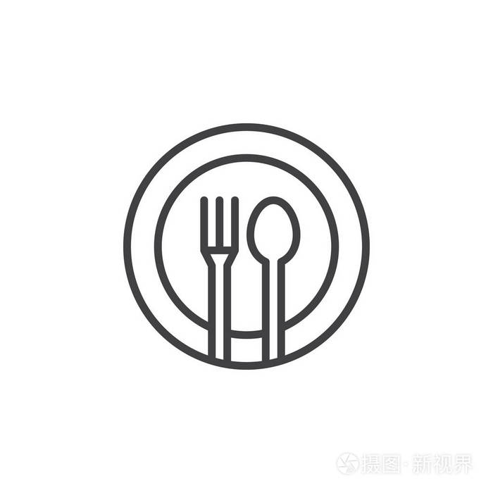 叉勺碟线图标轮廓矢量符号线形象形图隔离在白色上.