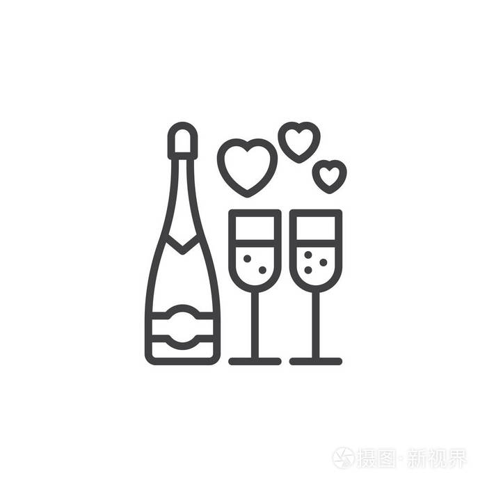 葡萄酒香槟瓶和葡萄酒杯与心线图标轮廓矢量符号线性象形文字隔离在
