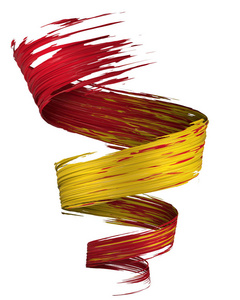 彩色3D刷油漆笔画漩涡在西班牙国旗颜色隔离在白色背景。 三维渲染。 五颜六色的快乐设计。 彩色油漆弯曲涂抹。 世界杯设计元素。