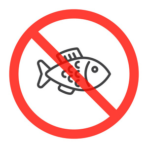 鱼线图标在禁止红色圆圈没有禁止捕鱼标志禁止符号。 白色分离的矢量插图
