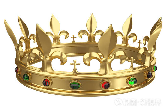 闪亮的金冠装饰着珍贵的宝石,孤立在白色的背景上. 三维渲染.
