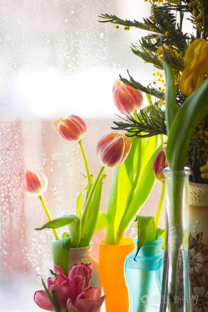 窗台上花瓶里美丽的春天郁金香