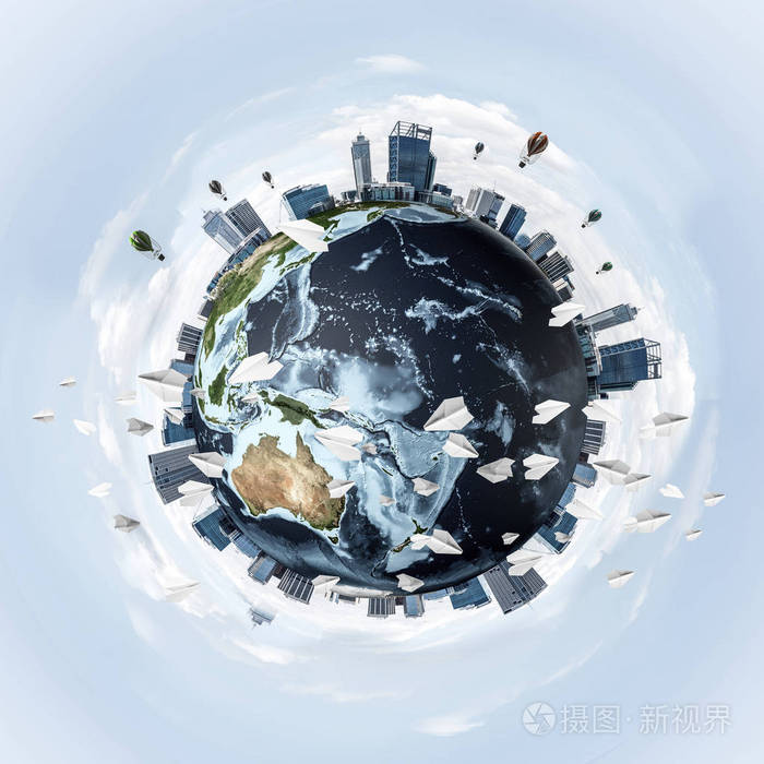 地球仪的全景表面有摩天大楼生态和环境保护概念三维渲染这幅图像的